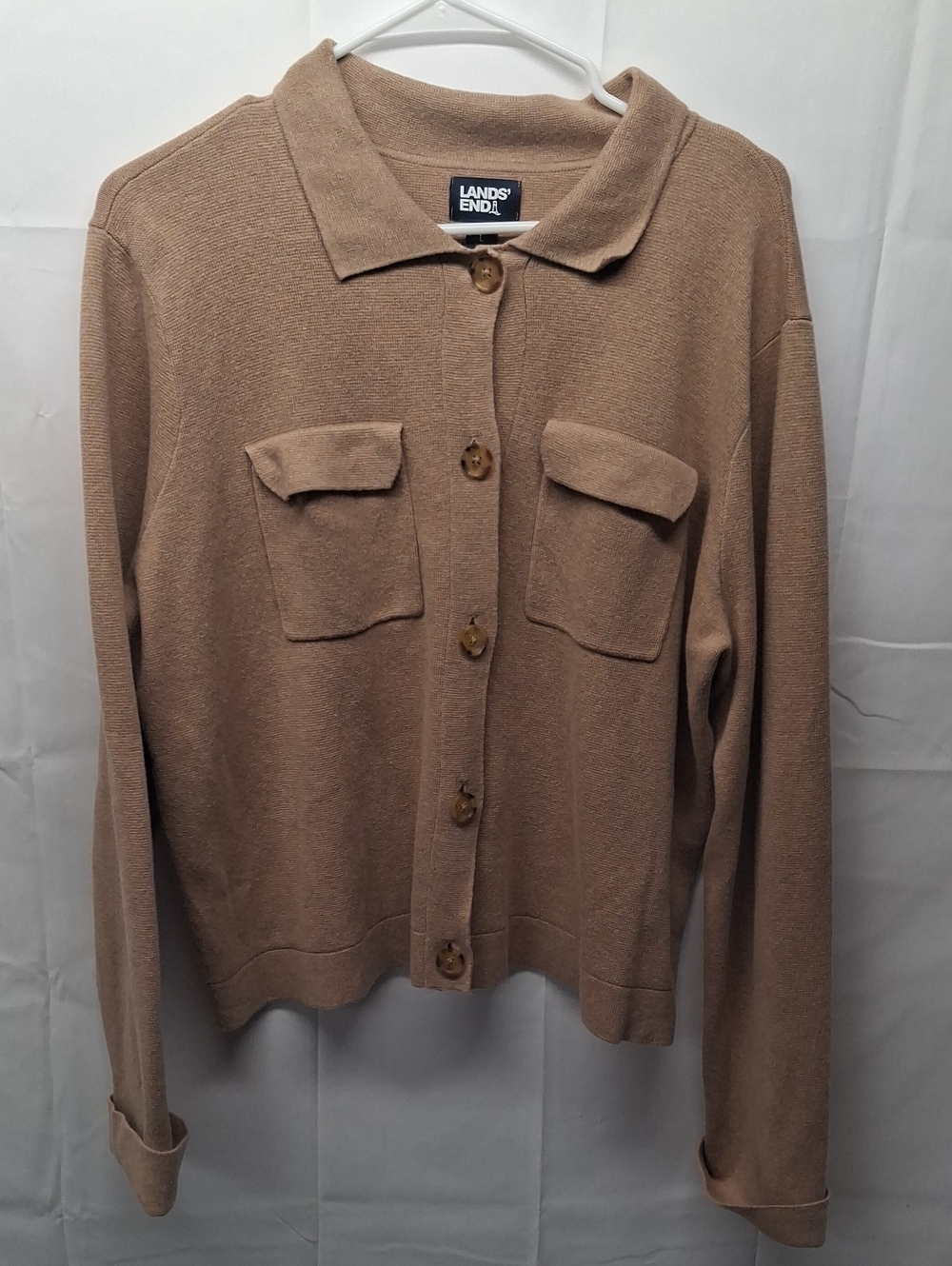 Lands' End Women's Camel Button-Front Pocket Cardigan